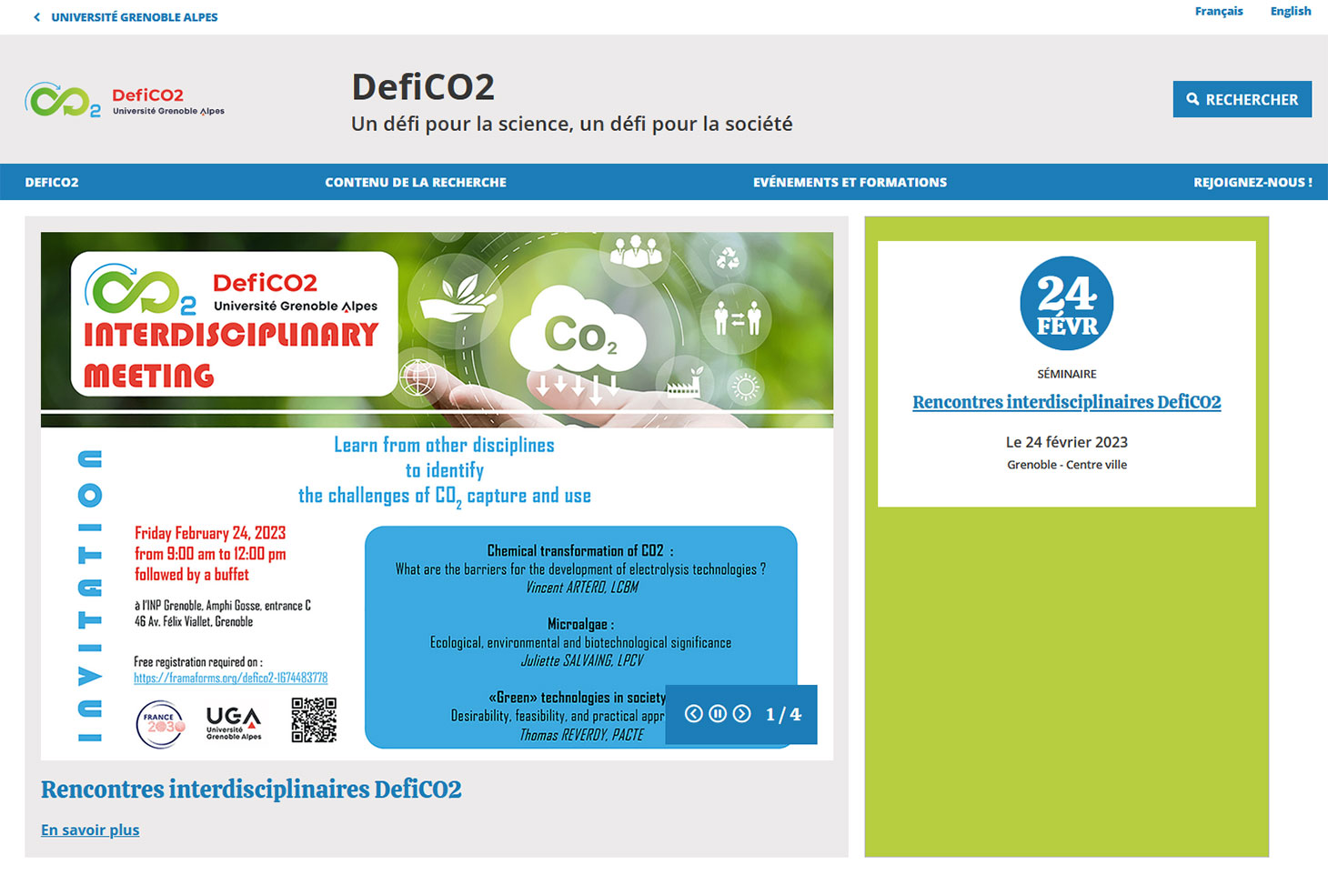 Page d'accueil du site internet du CDP DefiCO2