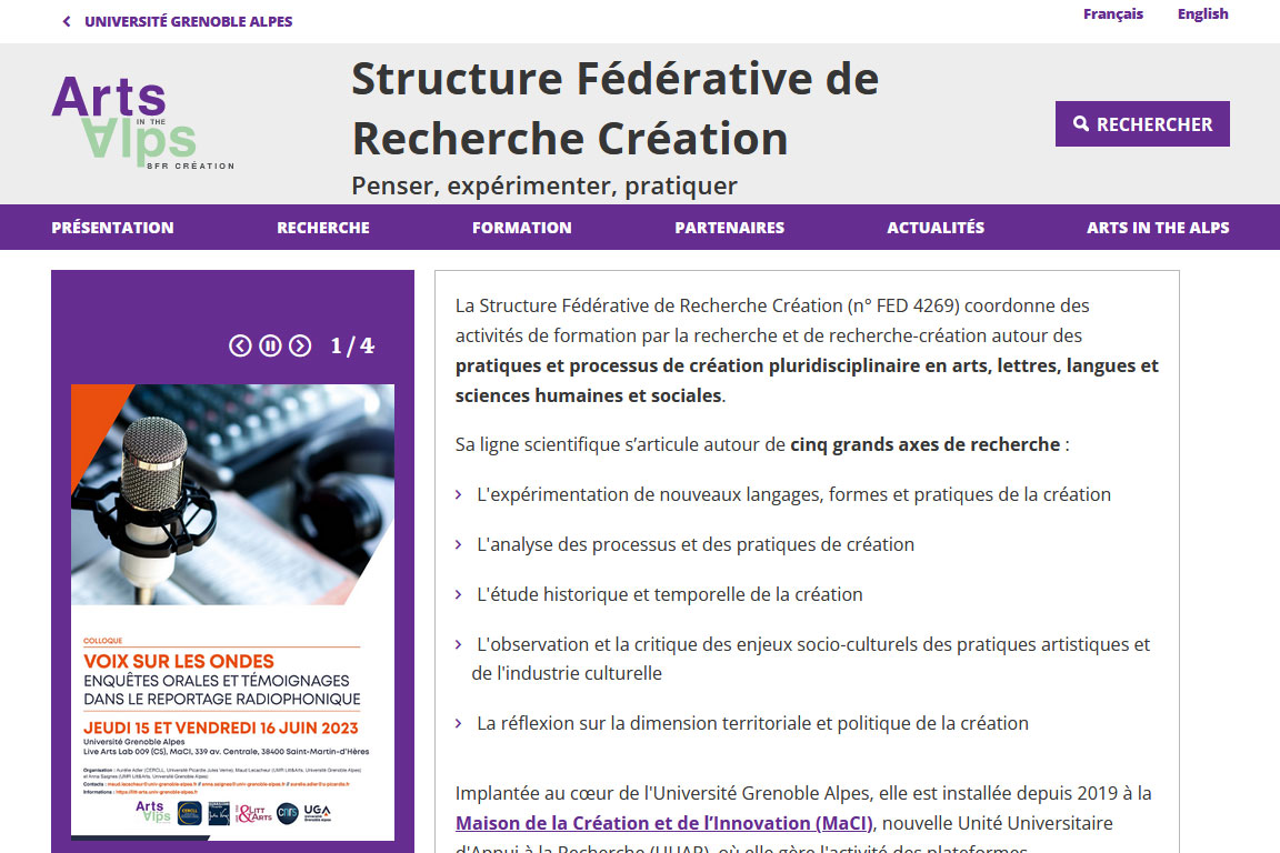 Page d'accueil du site internet de la SFR Création