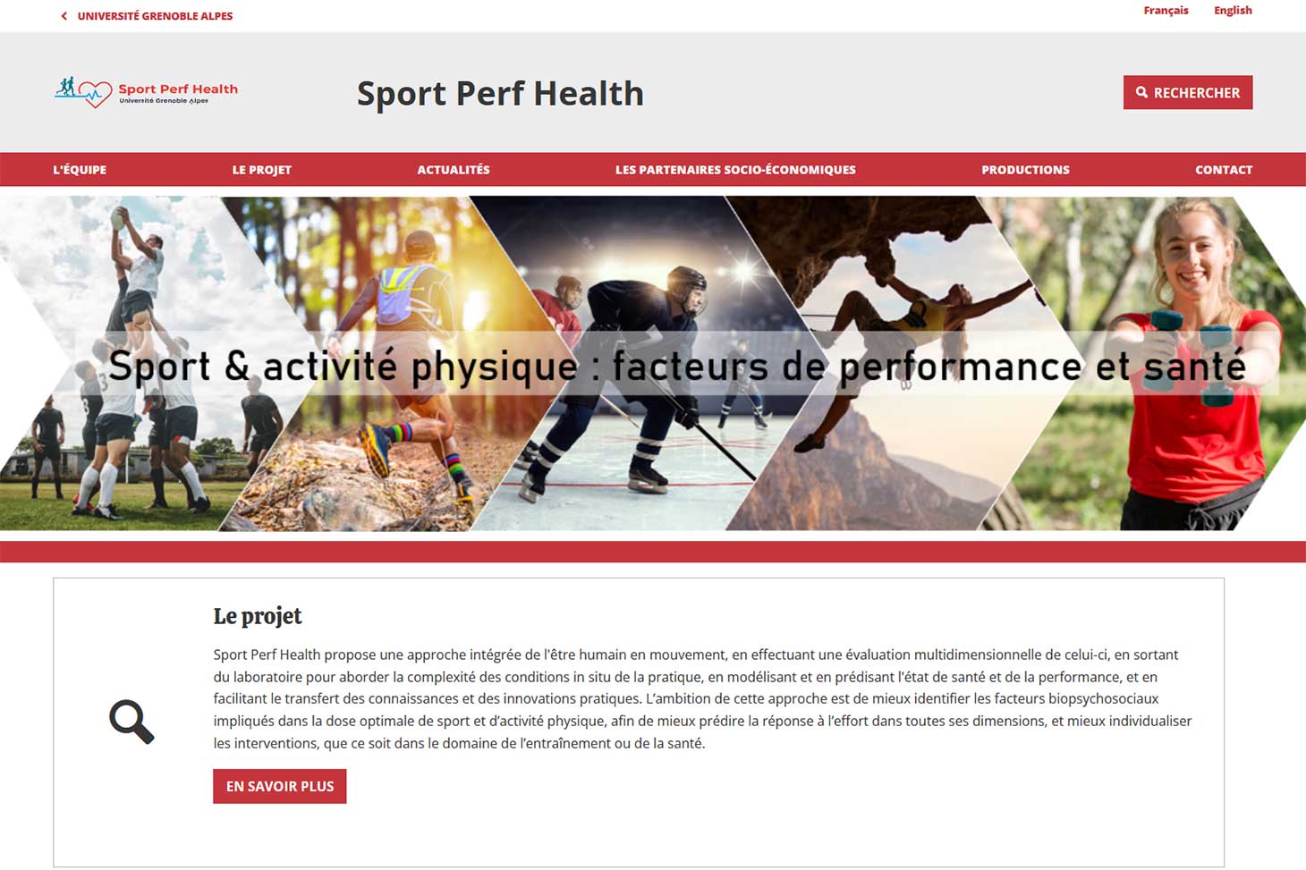 Page d'accueil du site internet du CDP Sport Perf Health