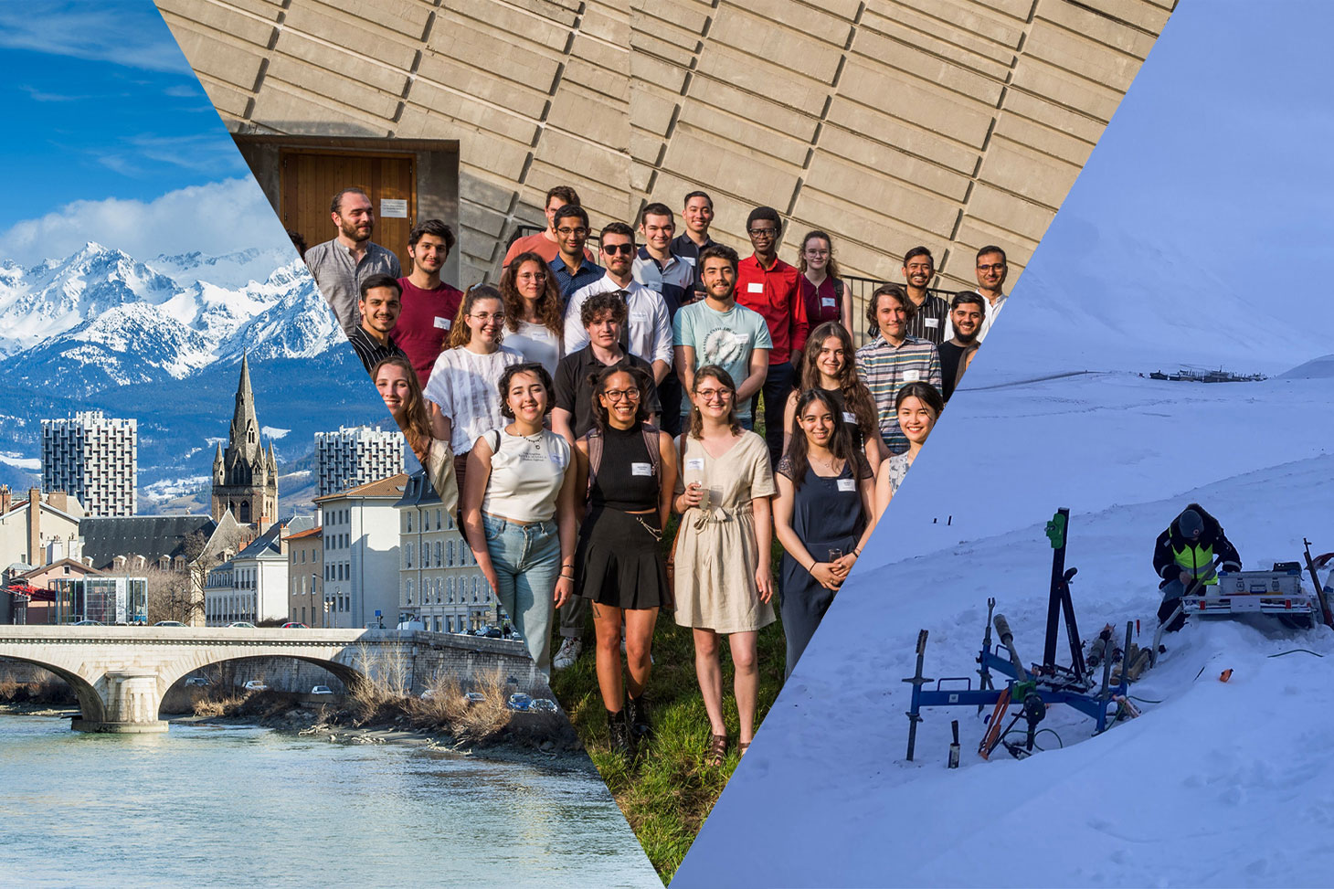 Montage photo avec : - Un panorama de Grenoble - Les étudiants de la Graduate School@UGA - Des équipements scientifiques d'un stage Graduate School à Svaalbard