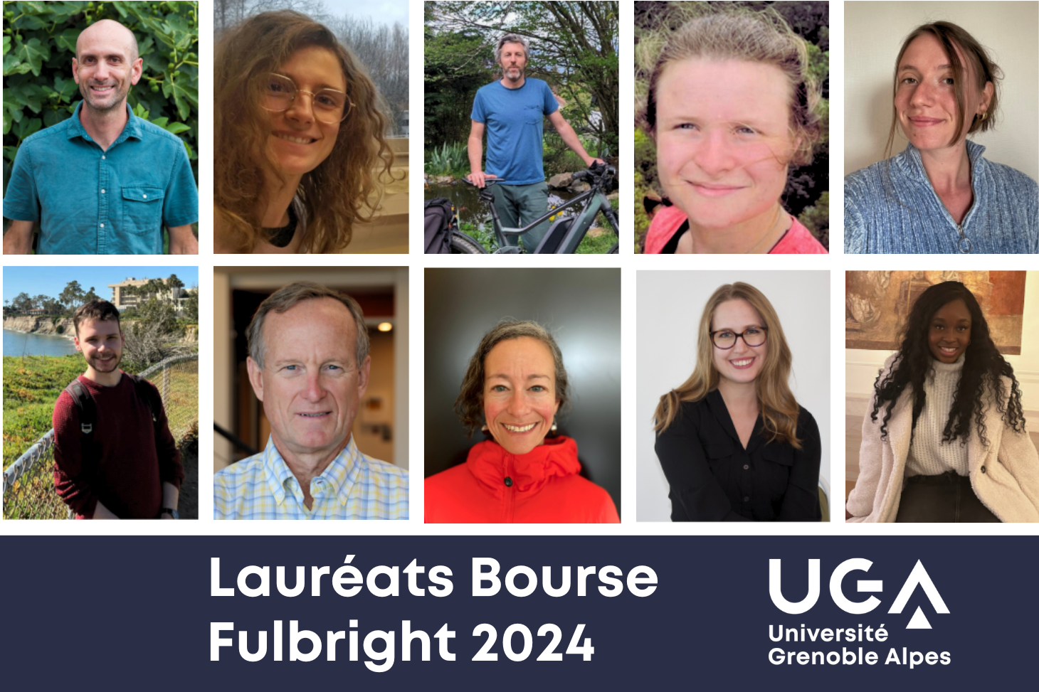 Giovanni Ghigliotti, Sophie Giffard-Roisin, Christophe Roncato Tounsi, Alice Bordes, Juliana Mazzucotelli, Davy Million, David E. Breen, Robin Kodner, Jennifer Laffick et Eseosa Omorogieva sont les lauréats et lauréates de la bourse Fulbright 2024 à l'UGA