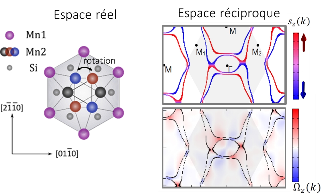 Espace réel : Structure magnétique et cristalline du siliciure de manganèse Mn5Si3 altermagnétique dans laquelle 4 des 12 atomes de manganèse de la maille élémentaire hexagonale forment un ensemble de moments magnétiques colinéaires orientés alternativement dans des directions opposées (rouge et bleu) et reliés par une opération de symétrie de rotation de par l’anisotropie de leur environnement non-magnétique. Espace réciproque : décalage des bandes électroniques des spins (s_z) majoritaires et minoritaires (rouge et bleu), et conséquence sur la courbure de Berry (Omega_z) qui présente des points chauds, à l’origine de certains effets spintroniques comme par exemple l’effet Hall anormal. © H. Reichlova et al.
