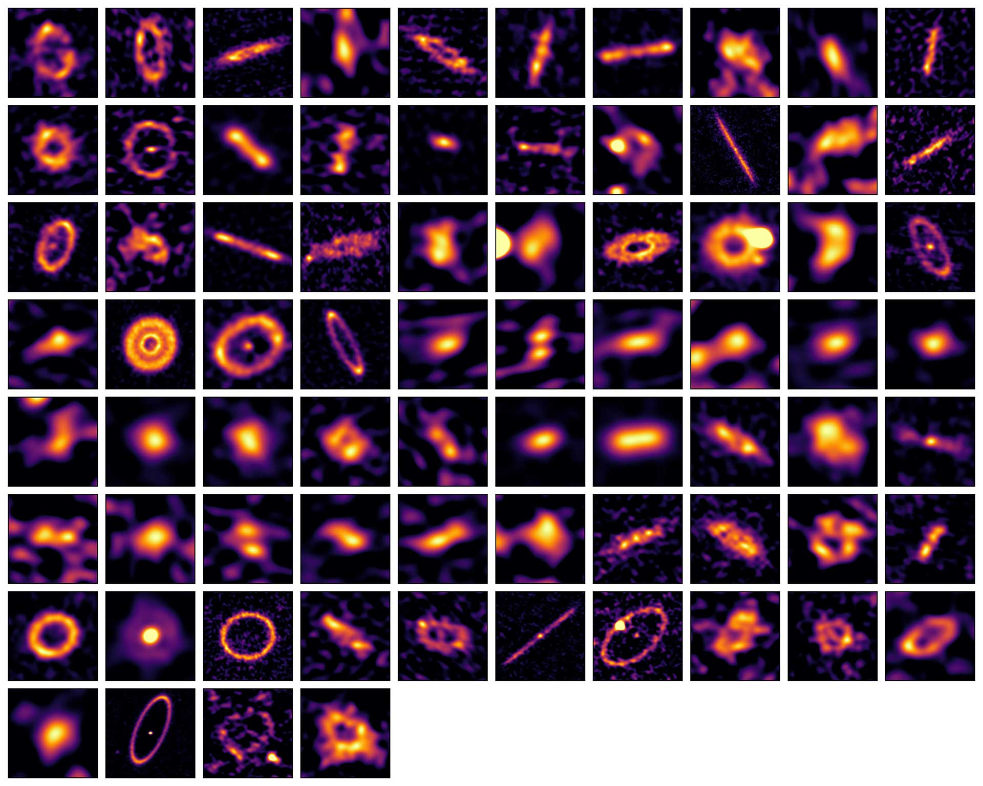 Galerie complète des 74 ceintures d'exocomètes révélées avec ALMA et SMA. Chaque image est centrée sur l’étoile autour de laquelle orbitent les poussières observées, mais celle-ci reste invisible aux longueurs d’ondes millimétriques utilisées pour ces observations.