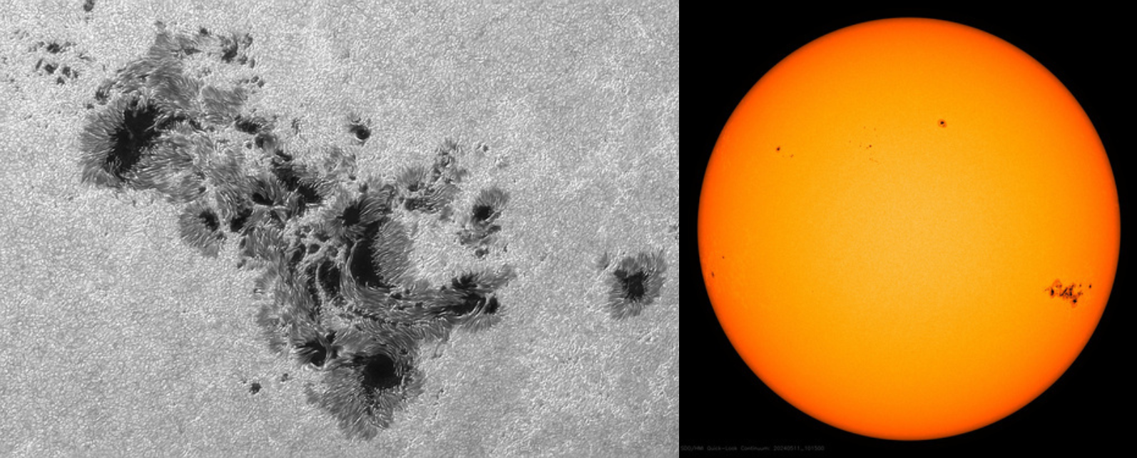 Une photo de la tâche solaire responsable des éruptions. crédit : François Rouvière / et une vue du disque solaire visible. crédit : NASA